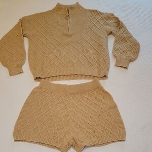 Sweater & Shorts Set Tan Cable Knit 1/4 Zip Top Woman's M NWOT